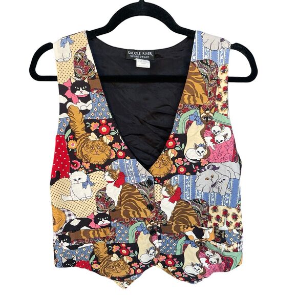 Saddle River Cat Vest Womens Medium Button Up Multicolor Cat Lady Kitty Novelty - Picture 1 of 10